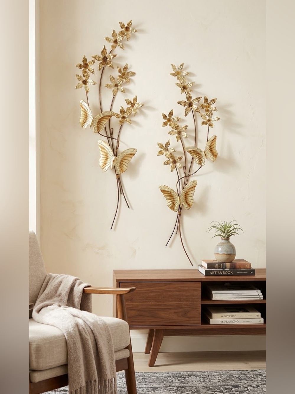 Vintage 70s Brass Metal Butterfly & Floral Wall Sculptures-Set of 2